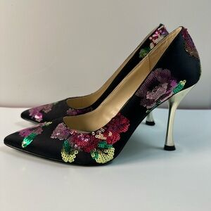 Betsey Johnson Black Heels with Colorful Floral Sequins